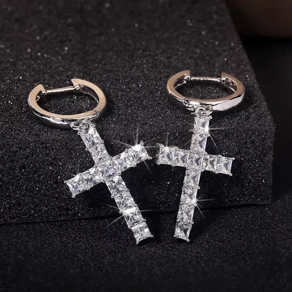 Large Asscher Cut Cross Earrings in White Gold